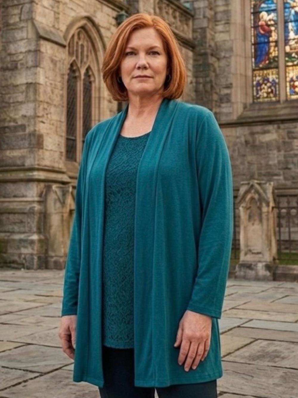 Woman Within Teal Open-Front Cardigan with Lace Tank Layer